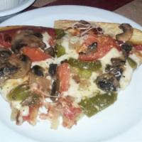 Vegetarian Pizza · Green peppers, onion, mushrooms, and tomatoes.