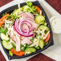 Chef Salad · Mixed Lettuce, Turkey, Ham, Cheese, Fresh Tomatoes, Purple Sweet Onions, Cucumbers, and Dres...