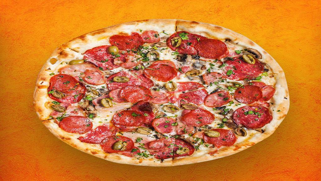 Meat Supreme Pizza 14 · # Green Peppers & Mushroom # Pizza #  American	Our most sought after offering consists of, Italian sausage, pepperoni, onions, fresh mushrooms and black olives. One bite of this pizza will transport you to a state of total bliss.