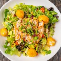 Goat & Vine · Grilled chicken, romaine, mixed green, fresh goat cheese, dates, corn, avocado, almonds, alm...