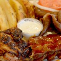 Triple Pleasure · A quarter slab of bbq ribs, a quarter rotisserie chicken and a generous portion of gyros, se...