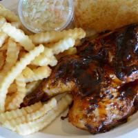 Half Bbq Chicken · Served with baked beans or coleslaw, garlic bread and your choice of potatoes.