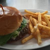 Plain Jane Burger · Topped with lettuce, tomato, onion, pickle.