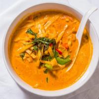 Red Curry (Gang Gai) · Special red curry prepared with coconut milk, bamboo shoots, bell peppers, and mushrooms wit...