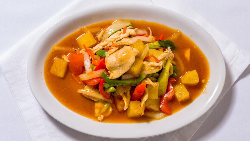 Thai Sweet & Sour · Stir-fried onion, bell pepper, cucumber, tomato, carrot, and pineapple in sweet and sour sauce with your choice of meat.