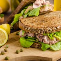 Tuna Salad Pita Sandwich · Fresh yummy tuna salad, mayonnaise, mustard, green onions, celery, herbs, lettuce, tomato, a...