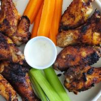 Crispy Charred Wings · Crudite, ranch. (wings come with mild house rub)
