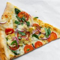 Veggie Primo · White pizza sauce, fresh basil, extra virgin olive oil, tomato, spinach, onion, artichoke.