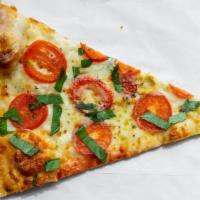 Romano · White pizza sauce, fresh basil, extra virgin olive oil, tomato, ricotta, shredded mozzarella.