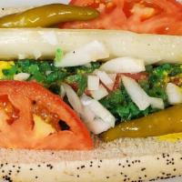 Chicago Style Hot Dog · 100% Beef hot dog served with mustard, onions, relish, tomatoes, pickles and celery salt.