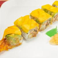 Oriental Roll · Tempura shrimp eel crab inside, avocado mango, coconut flake on top, special sauce.