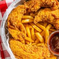 Chicken Tenders · Served with Fries, Bread, and Coleslaw.