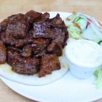 Saltus Sweet & Spicy Gyro · Lamb and beef broiled on a rotisserie served in pita bread with your choice of our famous cu...