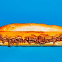 Classic Cheesesteak · Sliced steak with melted provolone and grilled onions on a hoagie roll.