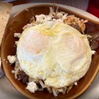 Mediterranean Skillet · hash browns, gyro meat, feta cheese, onions and topped with 2 scrambled eggs.