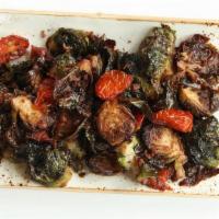 Blistered Balsamic Brussels · halved & blistered brussel sprouts / candied bacon / roasted grape tomato / balsamic gastrique