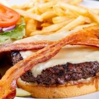 Bacon Cheese  · 1/2 pound burger or 6oz chicken breast on a brioche bun with your choice of cheese and bacon