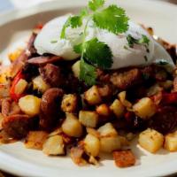 House Hash · Two poached eggs, chicken sausage, andouille sausage, roasted potatoes, onions, red peppers,...