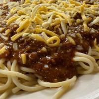 3 Way · Spaghetti and chili with beans.