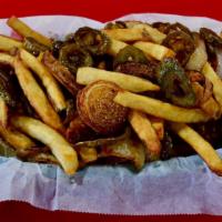 Spanish Fries · Onions and jalapeño peppers.