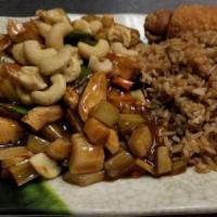 Cashew Chicken (D) (W/Steam White Rice) · Chicken bits stir fried in a savory brown sauce with snow peas, broccoli, bamboo, water-ches...