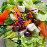 Greek Salad · A mixture of fresh romaine lettuce, tomatoes, cucumber, red onions, feta cheese and kalamata...