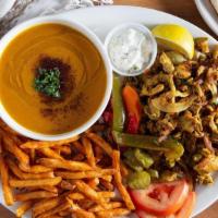 Shawarma Dinner Platter · Your choice of grilled chicken or beef marinated in our special sauce placed over hot pita t...