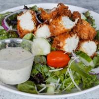 Honey Cider Crispy Chicken Salad · Spring mix topped with hand-battered crispy chicken, grape tomatoes, fresh cucumbers, red on...
