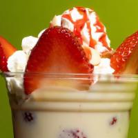 Strawberries & Cream · Homemade sweet cream, strawberries, sliced almonds, whipped cream and strawberry sauce.