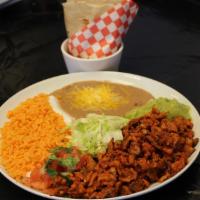#10. Adobada Plate · (marinated pork). Served with rice and beans.