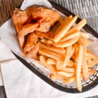 Wing Basket · Three whole wings and fries.