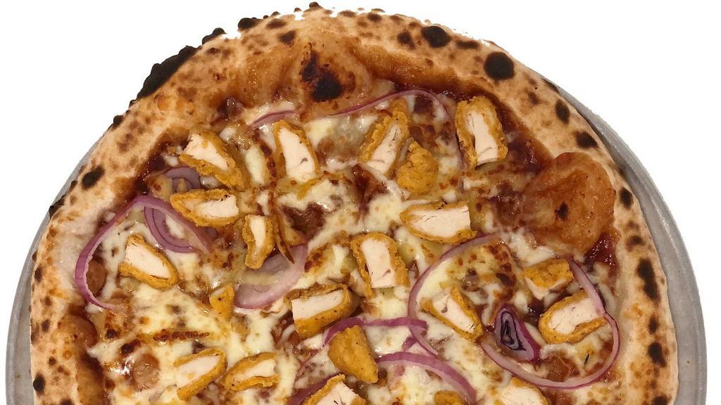 Bbq Chicken Pizza · A barbecue sauce base with provolone and mozzarella cheese, chicken fingers, red onions and a sprinkle of smoked gouda cheese.