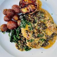 Roasted Lemon Chicken Piccata · Herb Marinated Free-Range Chicken Breast, Lemon White Wine Caper Piccata Sauce, Sauteed Garl...