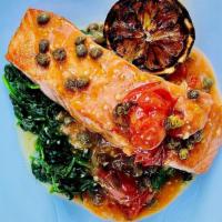 Salmon Genovese · Seared Atlantic Salmon, Lemon White Wine, Roasted Tomato and Caper Sauce, Sauteed Garlic Spi...