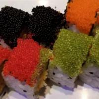 Colorful Roll · Inside: spicy salmon, crunchy, & avocado. Outside: four different kinds of fish eggs.