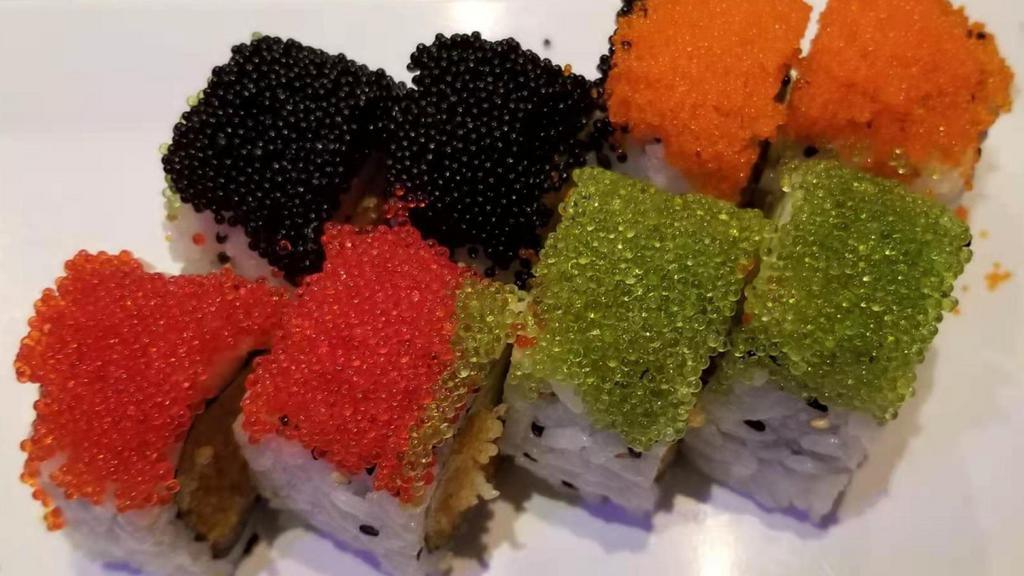 Colorful Roll · Inside: spicy salmon, crunchy, & avocado. Outside: four different kinds of fish eggs.