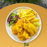 4-Piece Fish & Chips · Crispy golden brown lightly fried 8 ounce cod served with seasoned fries.