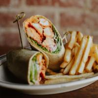 Buffalo Chicken Wrap · Hand Battered Chicken Fingers tossed in Buffalo Sauce, Blue Cheese Dressing, Lettuce, Tomato...