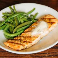 Salmon · Grilled Atlantic salmon with choice of side.
