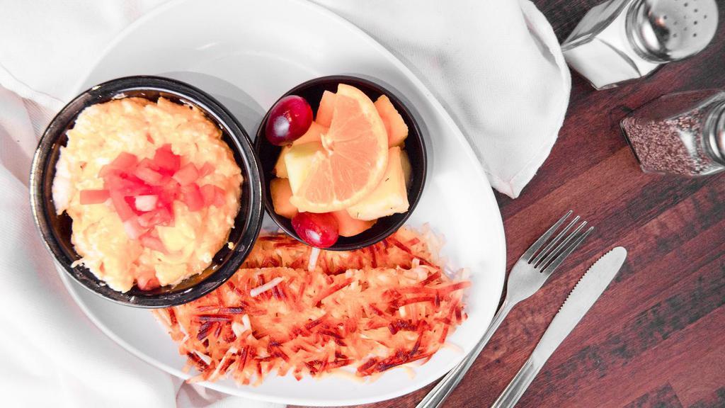 Wisconsin Scrambled · Our freshly cracked scrambled eggs blended with monterey jack, yellow cheddar, and cream cheese, sprinkled with tomatoes, and your choice of two City Egg sides.