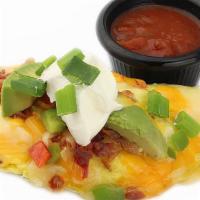 Awesome Avocado · Ripe avocado, lean bacon, bell pepper, and our combination of cheeses topped with sour cream...