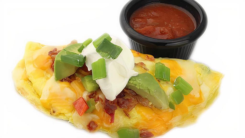 Awesome Avocado · Ripe avocado, lean bacon, bell pepper, and our combination of cheeses topped with sour cream and chives and served with our homemade salsa.