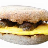 The Capital Sandwich · Freshly cracked egg with sausage and a blend of cheese on a whole wheat English muffin.