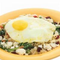 City Egg Quinoa · Spinach, celery, zucchini, tomatoes, and green pepper mixed with pecans, dried cranberries, ...