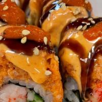 Spicy Scallop Roll · Spicy. Cooked spicy scallop, crunch, and cucumber, topped with spicy mayo.