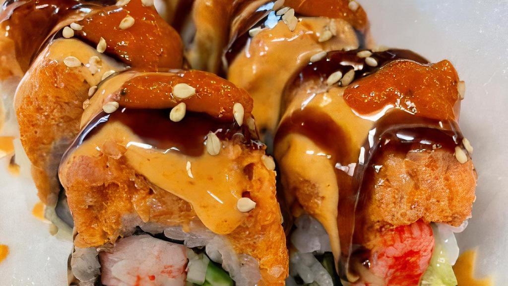 Spicy Scallop Roll · Spicy. Cooked spicy scallop, crunch, and cucumber, topped with spicy mayo.
