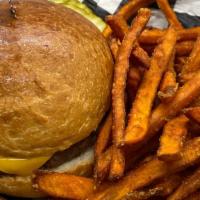 Cheeseburger · 1/3 pounds fresh Angus beef served on butter roll with French fries. Traditional hamburger w...