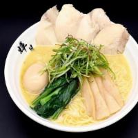 Chicken Rich Less Sodium · 鶏白湯ラーメン All-chicken hearty broth with no pork, topped with chicken char-shu