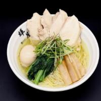 Chicken Shio Less Sodium · 鶏塩ラーメン Shio ramen topped with chicken chashu. Soup is a blend of pork and chicken.