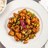Kung Pao · Spicy. With roasted peanuts in a spicy kung pao sauce (choice of chicken or beef or shrimp).